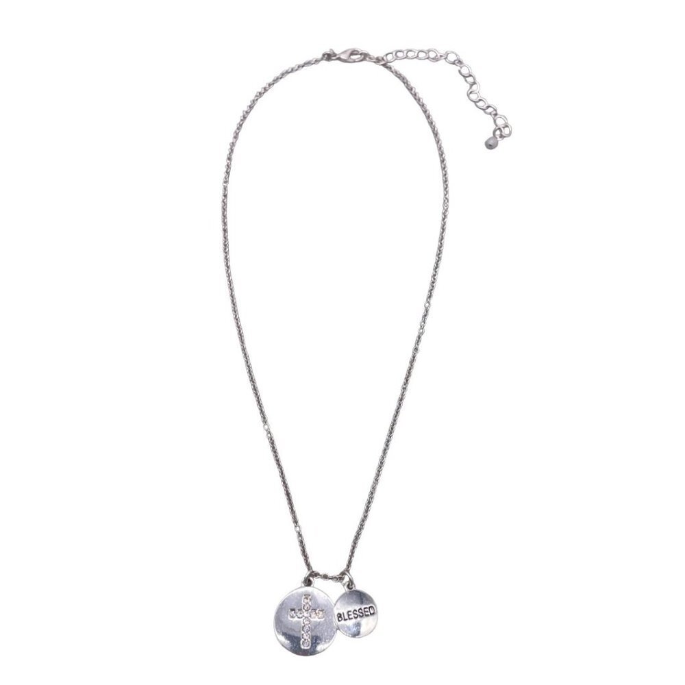 GV9 Rhinestone Cross and Blessed Pendant Chain Necklace Silver Tone 17-20 Inches